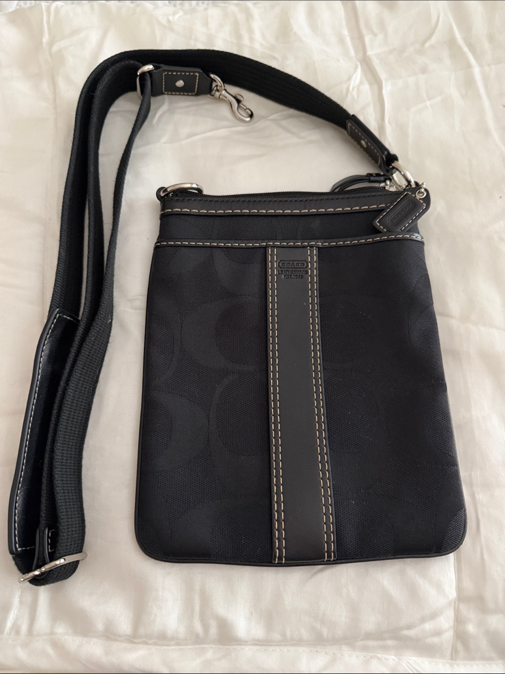 Coach Black Signature Crossbody with Tan Contrast Stitching
